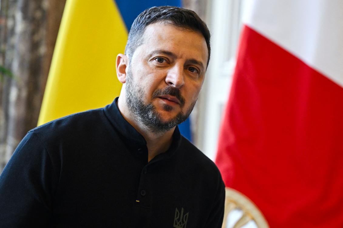 Ukraine’s President Volodymyr Zelensky poses prior to address the French National Aassembly as part of his visit to France, in Paris on June 7, 2024. (AFP)