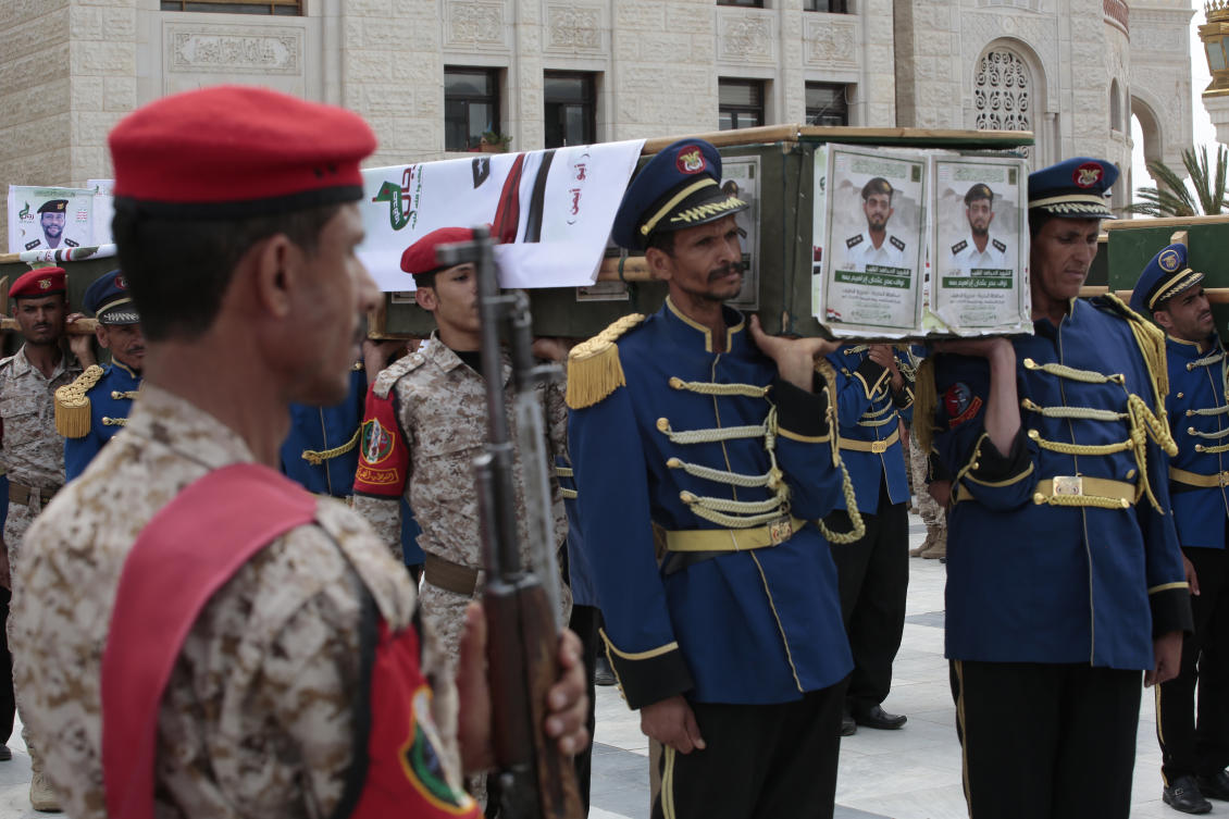 File photo of fighters coffins who were killed in the US-led strikes on Yemen last week. (AP)