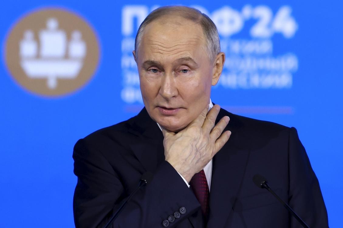 Russian President Vladimir Putin gestures as he addresses a plenary session of the St. Petersburg International Economic Forum in St. Petersburg, Russia, on Friday, June 7, 2024. (AP)