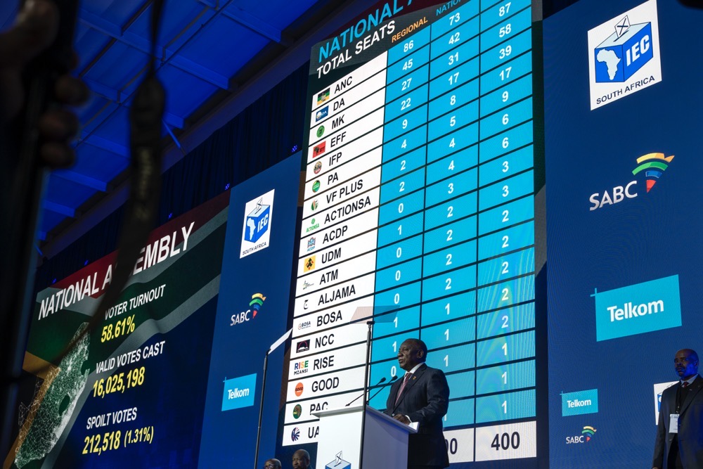 South African President Cyril Ramaphosa speaks during the announcement of the results in South Africa's general elections in Johannesburg, South Africa on Sunday. (AFP)