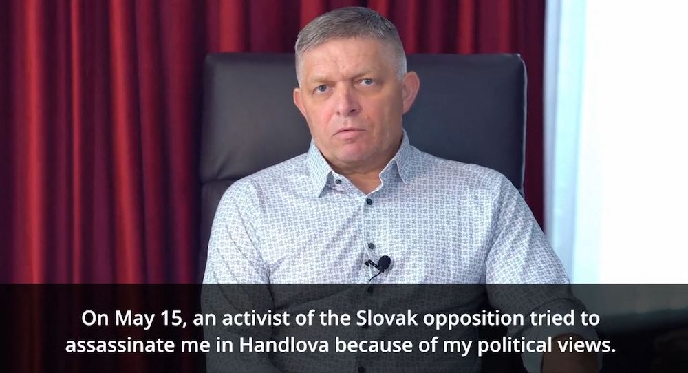 A frame grab from a video footage shows Slovak Prime Minister Robert Fico speaking for the first time on June 5, 2024 since being shot and wounded in an assassination attempt against him last month. (Slovak government/AFP)