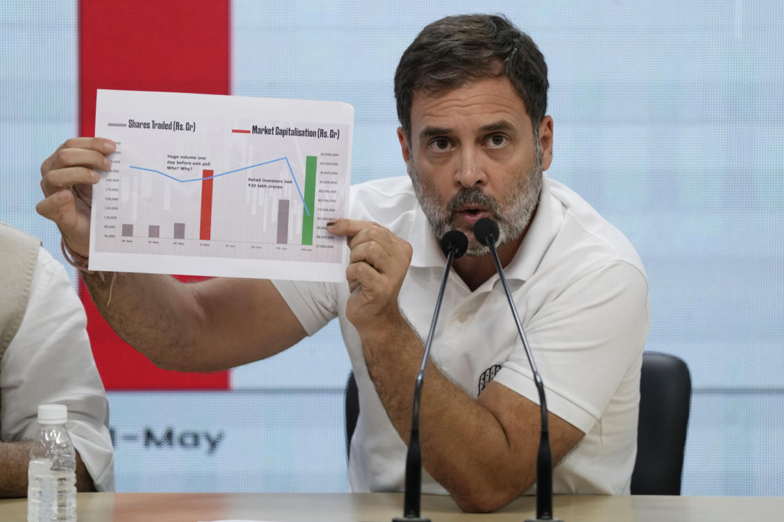 Above, Congress party leader Rahul Gandhi shows a stock market movement chart during a press conference in New Delhi on June 6, 2024. (AP)