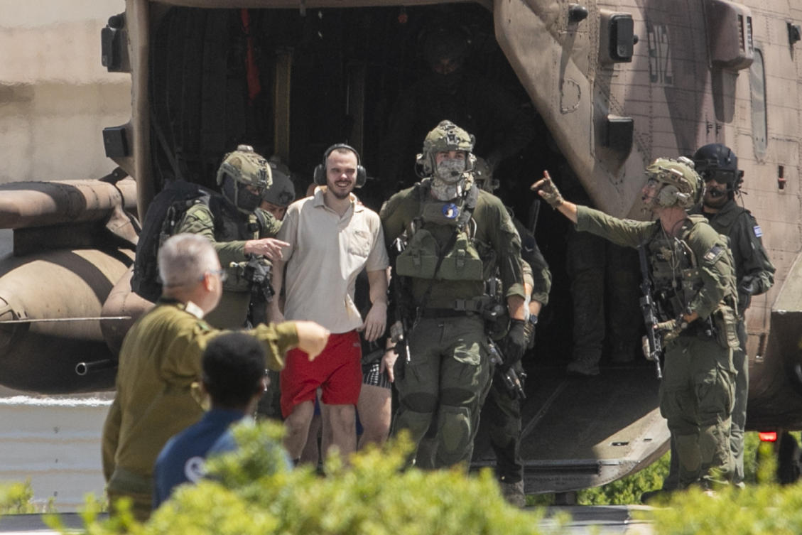 Andrey Kozlov, 27, one of four hostages who were kidnapped in a Hamas-led attack on Oct. 7, 2023 and was just rescued, arrives by helicopter to the Sheba Medical Center in Ramat Gan, Israel, on Jun. 8, 2024. (AP)