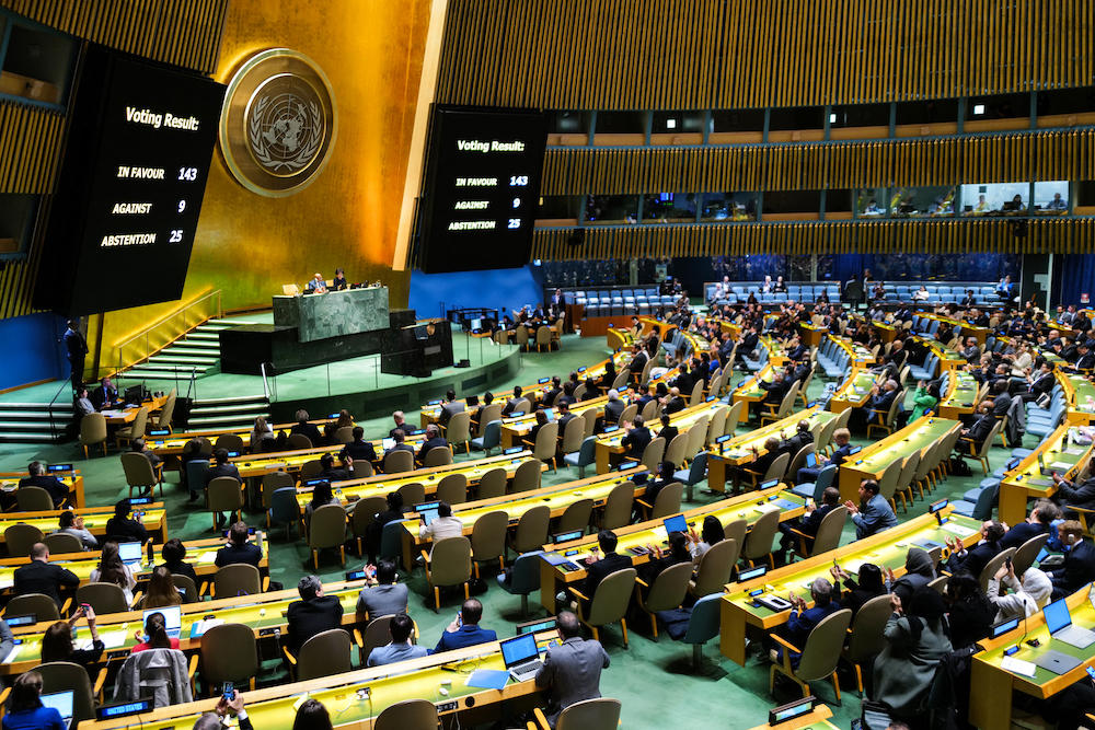 Above, results of a vote on a resolution for the UN Security Council to reconsider and support the full membership of Palestine into the UN is displayed during a special session of the UN General Assembly on May 10, 2024. (AFP)