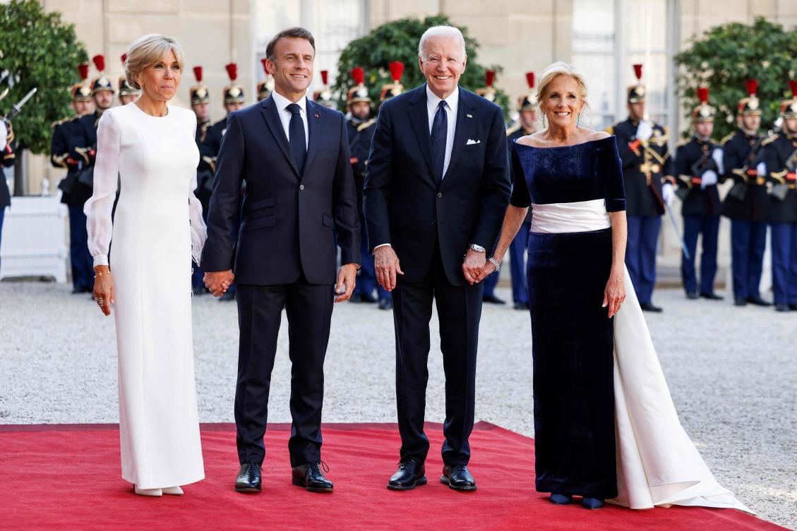 (L-R) Brigitte Macron, France’s President Emmanuel Macron, US President Joe Biden and US first lady Jill Biden at the Presidential Elysee Palace in Paris on June 8, 2024. (AFP)