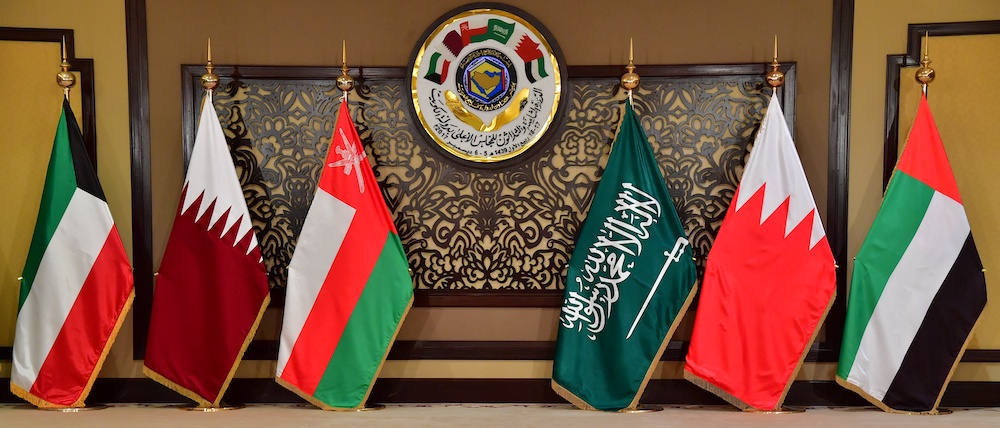 The flags of the countries attending the Gulf Cooperation Council summit are displayed at Bayan palace in Kuwait City. (File/AFP)