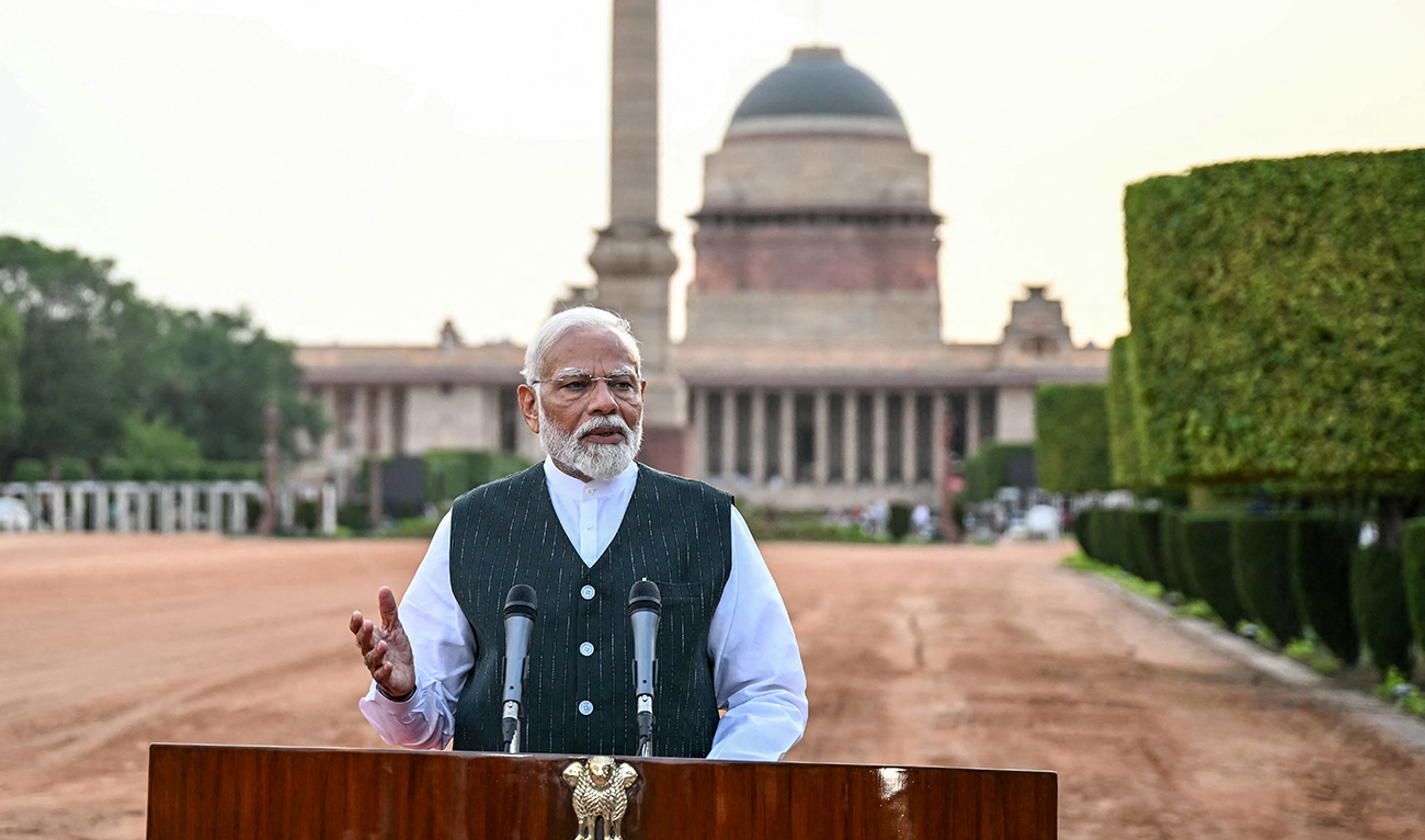India's Prime Minister Narendra Modi gives a speech after staking claim to form the new union government as he was elected for his third term following the country's general election, at the presidential palace Rashtrapati Bhavan in New Delhi on June 7, 2024. (AFP)