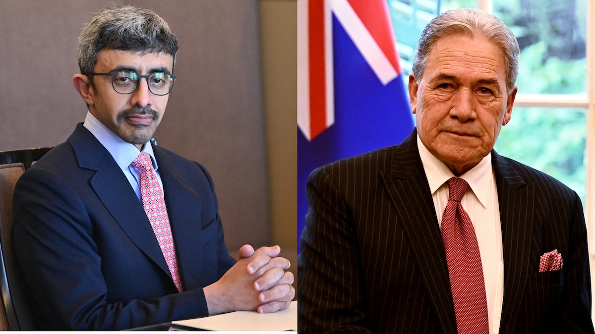 UAE Foreign Minister Sheikh Abdullah bin Zayed Al-Nahyan and New Zealand counterpart Winston Peters. (File/AFP)