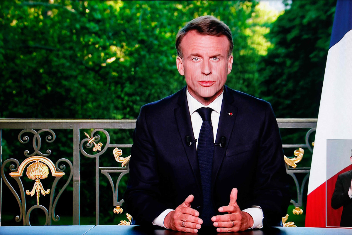 This screen shot shows France's President Emmanuel Macron announcing on Sunday that he is dissolving the National Assembly, French Parliament lower house, and setting a new general elections on June 30. (AFP)