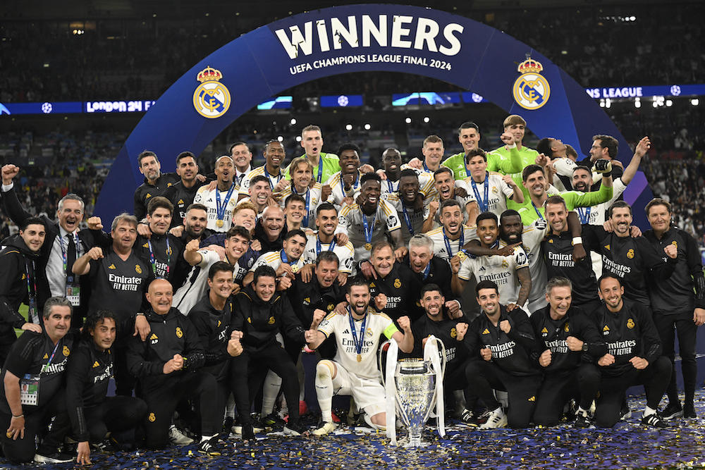 Real Madrid celebrate their victory at the end of the UEFA Champions League final match against Borussia Dortmund at Wembley stadium in London on June 1, 2024. (AFP)