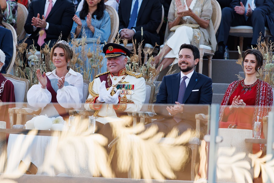 Princess Rajwa showed off a red, hand embroidered gown by Saudi designer Honayda Serafi. (Supplied)