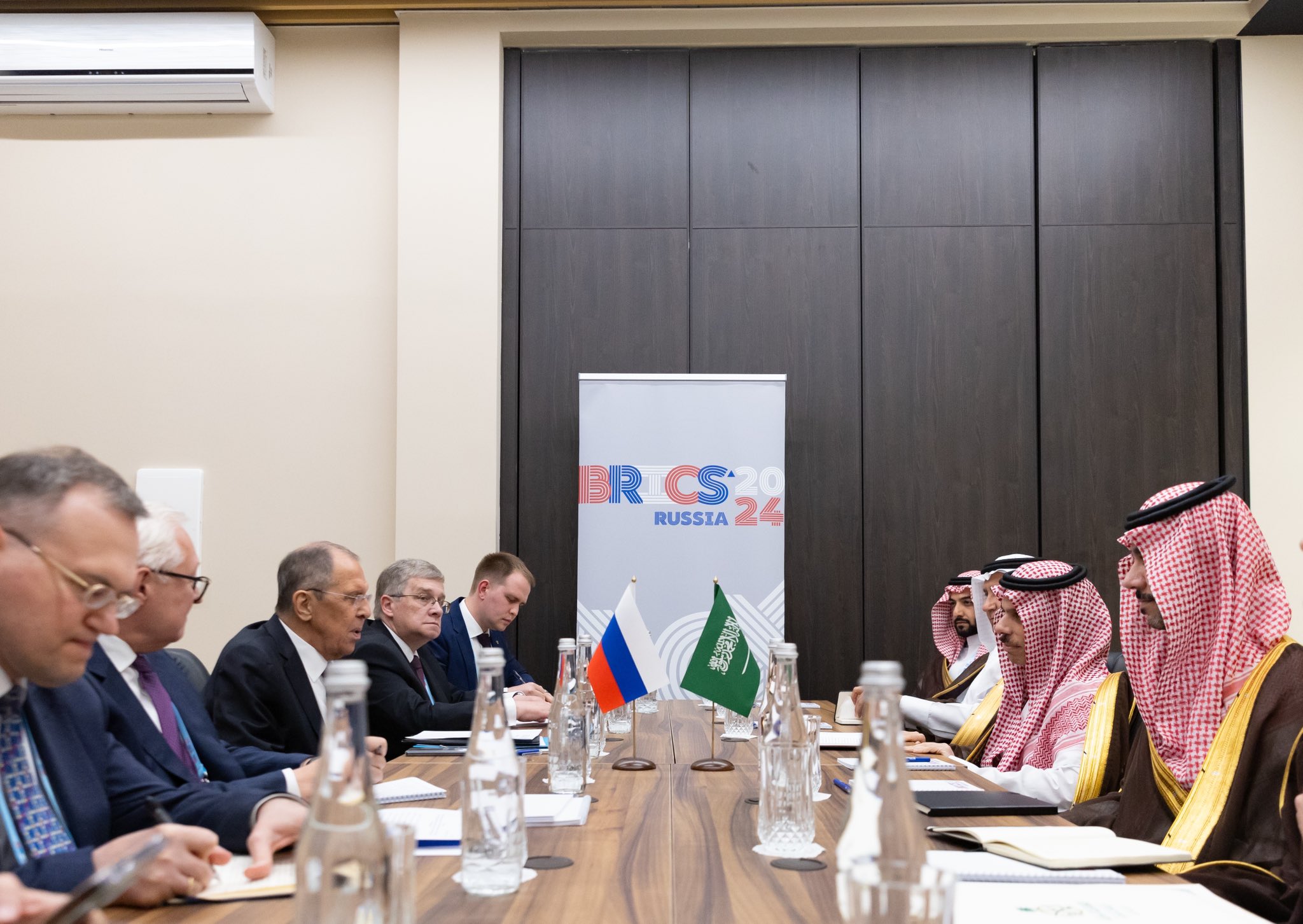 Saudi Foreign Minister Prince Faisal bin Farhan arrived in Russia on Monday for a BRICS ministerial meeting, where he met with Sergey Lavrov. (KSAMOFA)