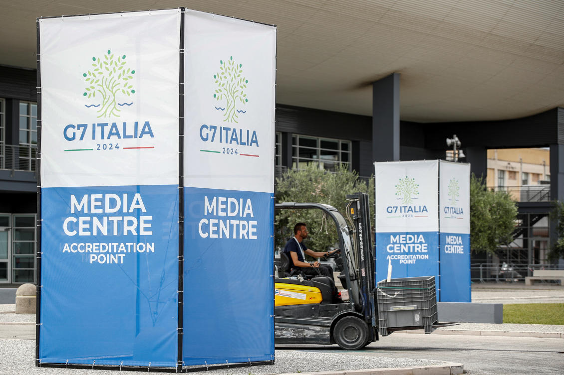 Tensions in the Indo-Pacific will also feature on the agenda in Puglia, as will economic security, including rising trade tensions with China on green technologies. Above, the media center for the summit. (Reuters)