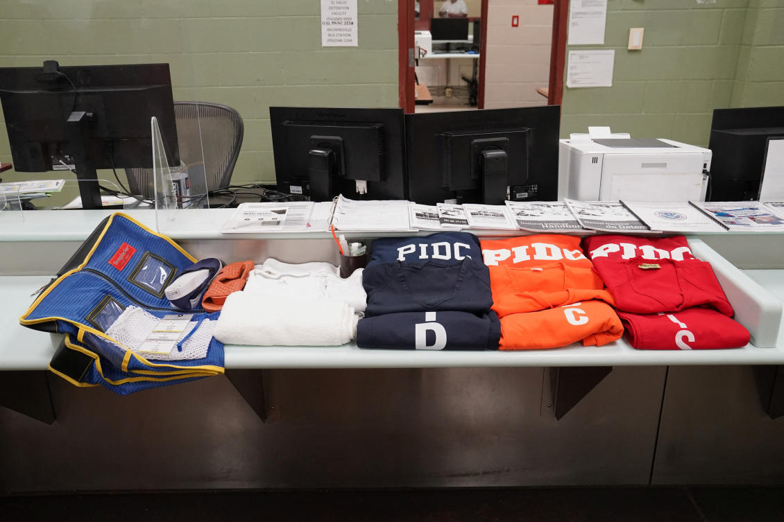 Above, color-coded clothes and personal hygiene items provided to detainees are displayed during a media tour of the Port Isabel Detention Center in Los Fresnos, Texas on June 10, 2024. (Reuters)