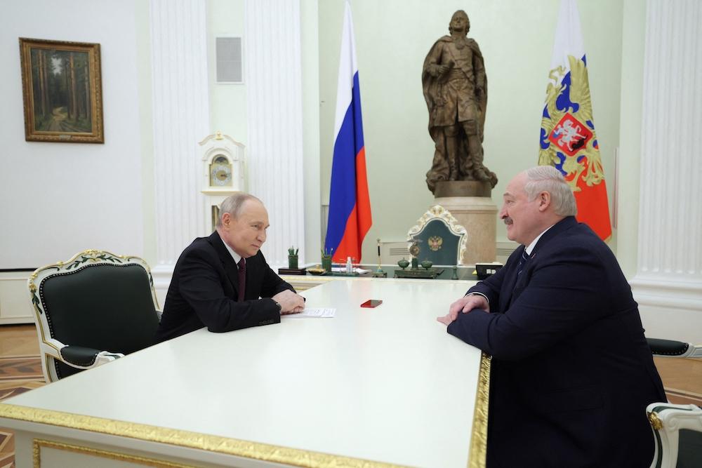 Above, Russia’s President Vladimir Putin, left, and his Belarusian counterpart Alexander Lukashenko at the Kremlin in Moscow on April 12, 2024. (AFP file photo)