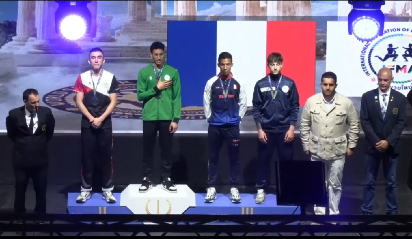 Saudi Muay Thai fighter Al-Baraa Al-Amoudi celebrates winning gold at the 2024 Senior World Championships. (Supplied)