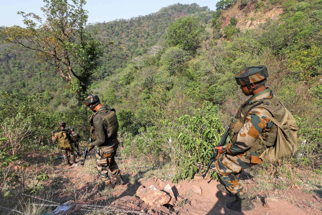 Indian army personnel patrol during a search operation in Reasi on June 10, 2024, after gunmen in Kashmir ambushed the bus packed with Hindu pilgrims. (Photo by AFP)