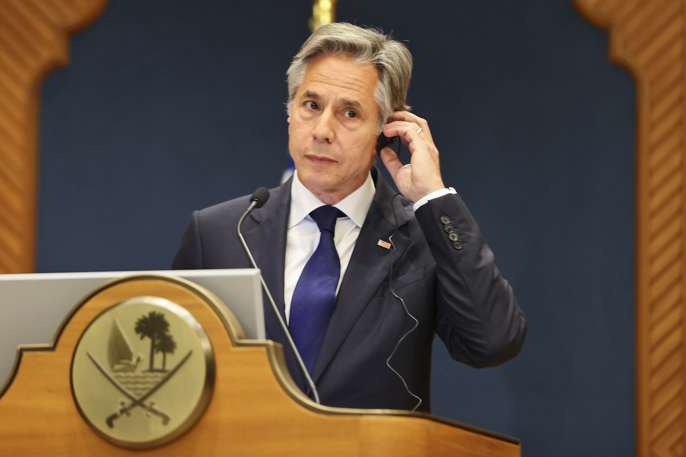 US Secretary of State Antony Blinken speaks at a joint press conference with the Qatari PM Sheikh Mohammed bin Abdulrahman Al-Thani in Doha, Qatar, Wednesday. (AP)