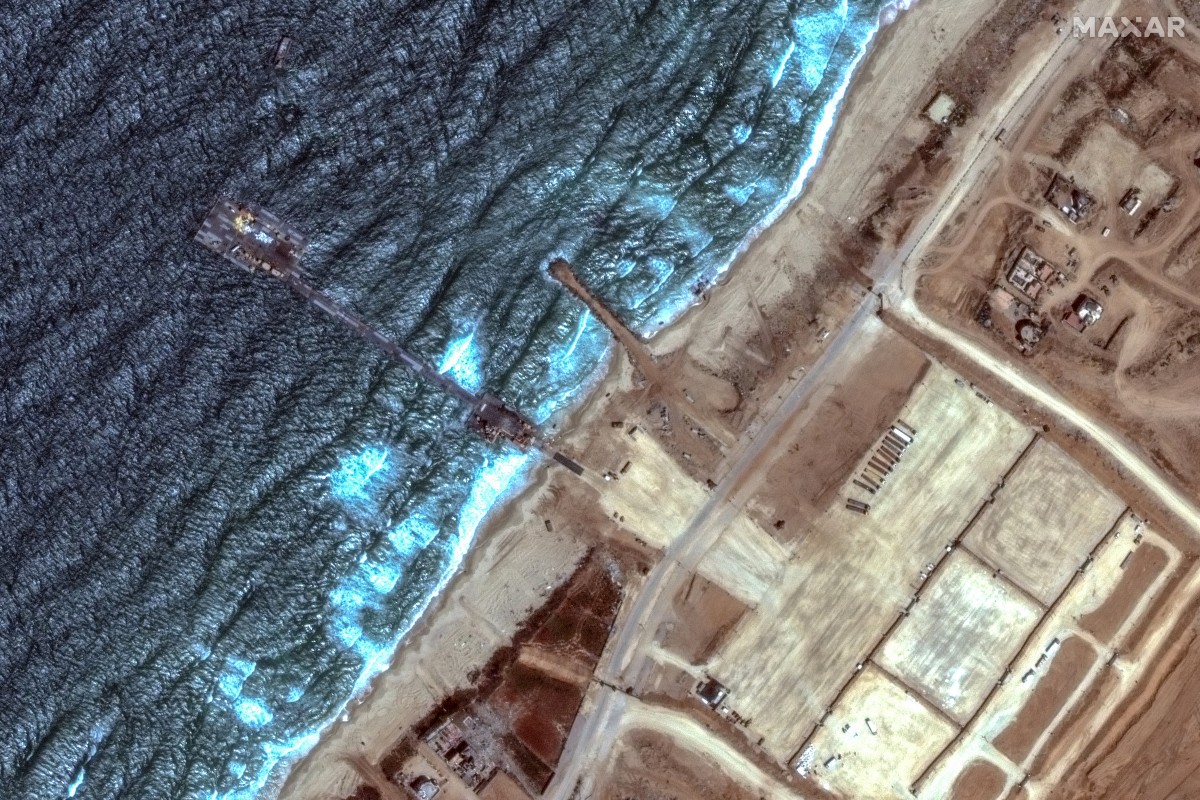 This handout satellite image courtesy of Maxar Technologies shows the the US-built Trident Pier on the coast of Gaza on May 26, 2024 (AFP)