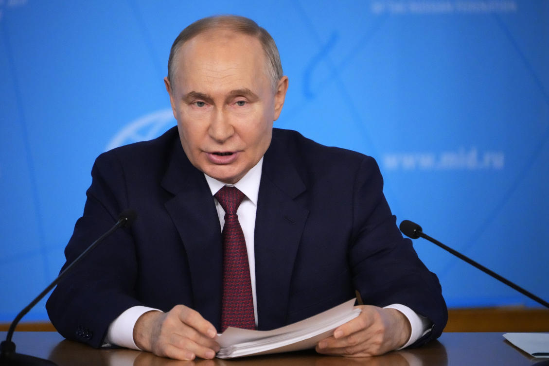 Russian President Vladimir Putin speaks during a meeting at the Russian Foreign Ministry in Moscow, Russia, Friday, June 14, 2024. (AP)