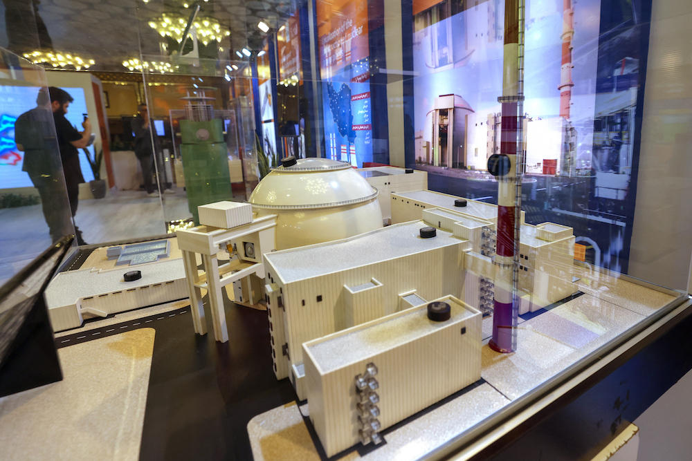 Above, a replica of Iran’s Bushehr Nuclear Power Plant on display during an exhibition in Isfahan on May 6, 2024. (AFP)