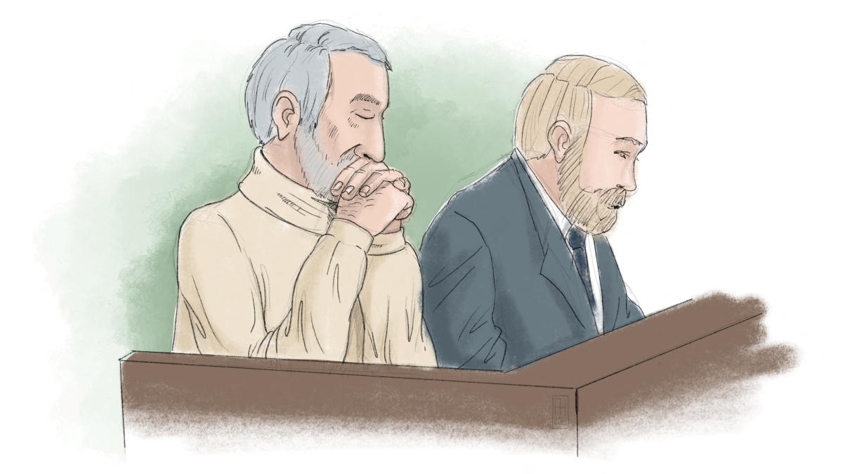 Above, a sketch of Hamid Noury, left, who is accused of involvement in the massacre of political prisoners in Iran in 1988, with attorney Thomas Soderqvist during his trial in Stockholm District Court, Sweden on Nov. 23, 2021. (TT News Agency via Reuters)
