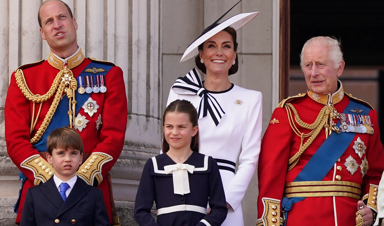 Britain’s King Charles III, right, is joined by Prince William, Prince Louis, Princess Charlotte and Kate Princess of Wales on the Balcony at Buckingham Palace after attending the Trooping the Color ceremony, in London, Saturday, June 15, 2024. (AP)