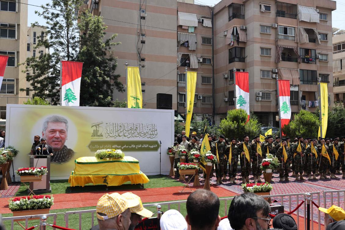 A speech made near the coffin of Taleb Abdallah, known as Abu Taleb, a senior field commander of Hezbollah who was killed in what security forces say was an Israel strike, during his funeral in Beirut’s southern suburbs on Jun. 12, 2024. (AFP)