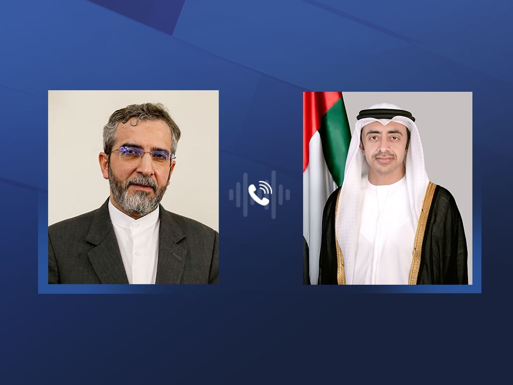 UAE Minister of Foreign Affairs, Sheikh Abdullah bin Zayed (R) and ran's acting Minister of Foreign Affairs, Ali Bagheri Kani. (WAM)