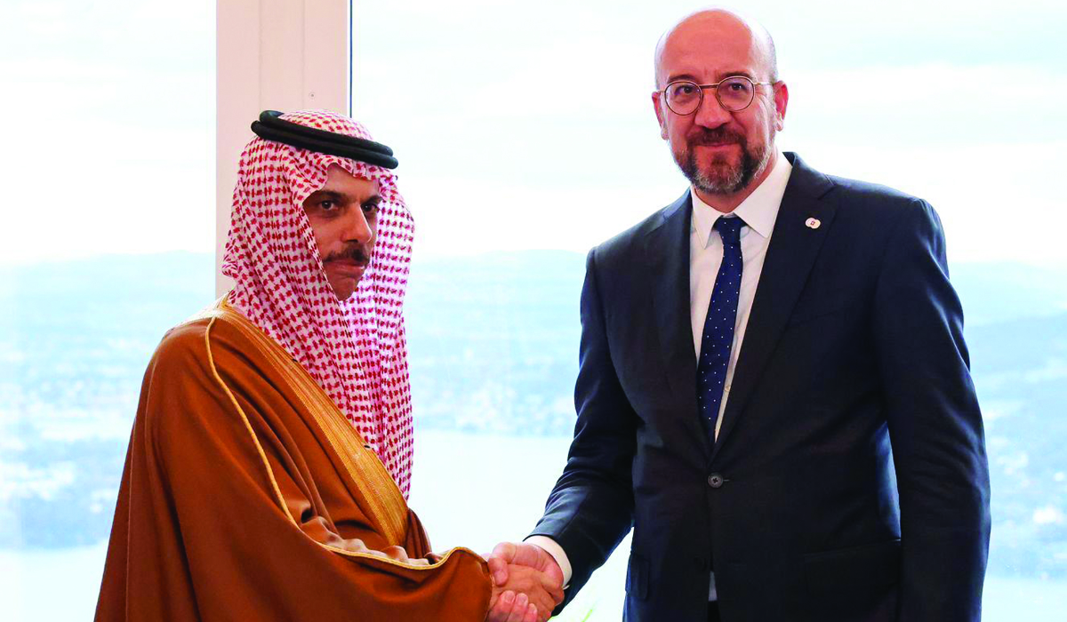 Charles Michel receives Prince Faisal bin Farhan in Lucerne. (Supplied)