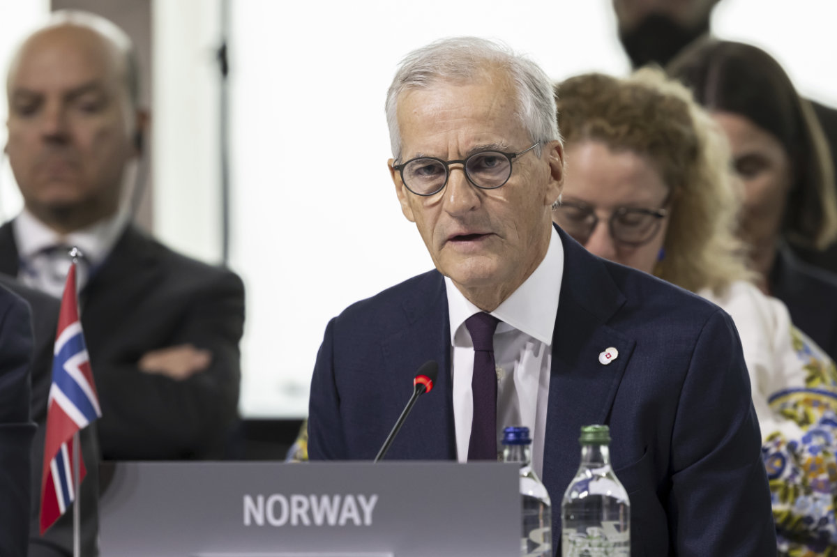 Prime Minister Jonas Gahr Store of Norway speaks during the plenary session at the Summit on Peace in Ukraine, in Burgenstock, Switzerland, on June 16, 2024. (Keystone via AP)