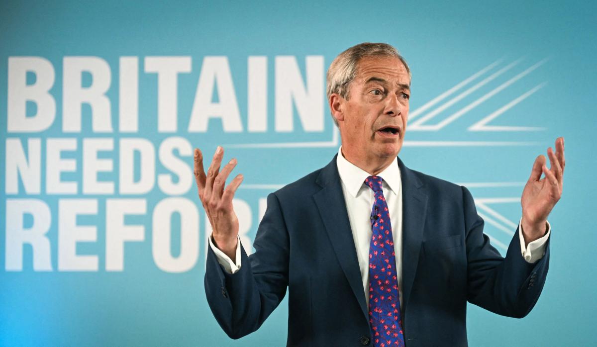 Leader of Reform UK Nigel Farage delivers a speech to launch the hard-right party’s general election manifesto in Merthyr Tydfil, south Wales, on June 17, 2024, in the build-up to the UK general election on July 4. (AFP)