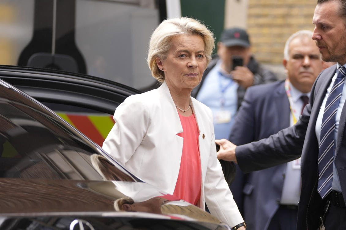 European Commission President Ursula von der Leyen arrives for a meeting of the EPP party ahead of an EU summit in Brussels, Monday, June 17, 2024. The 27 leaders of the European Union will gather in Brussels on Monday to take stock of the surprise European election results and begin the fraught process of dividing up the bloc’s top jobs, but they will be playing their usual political game with a deck of reshuffled cards. (AP)