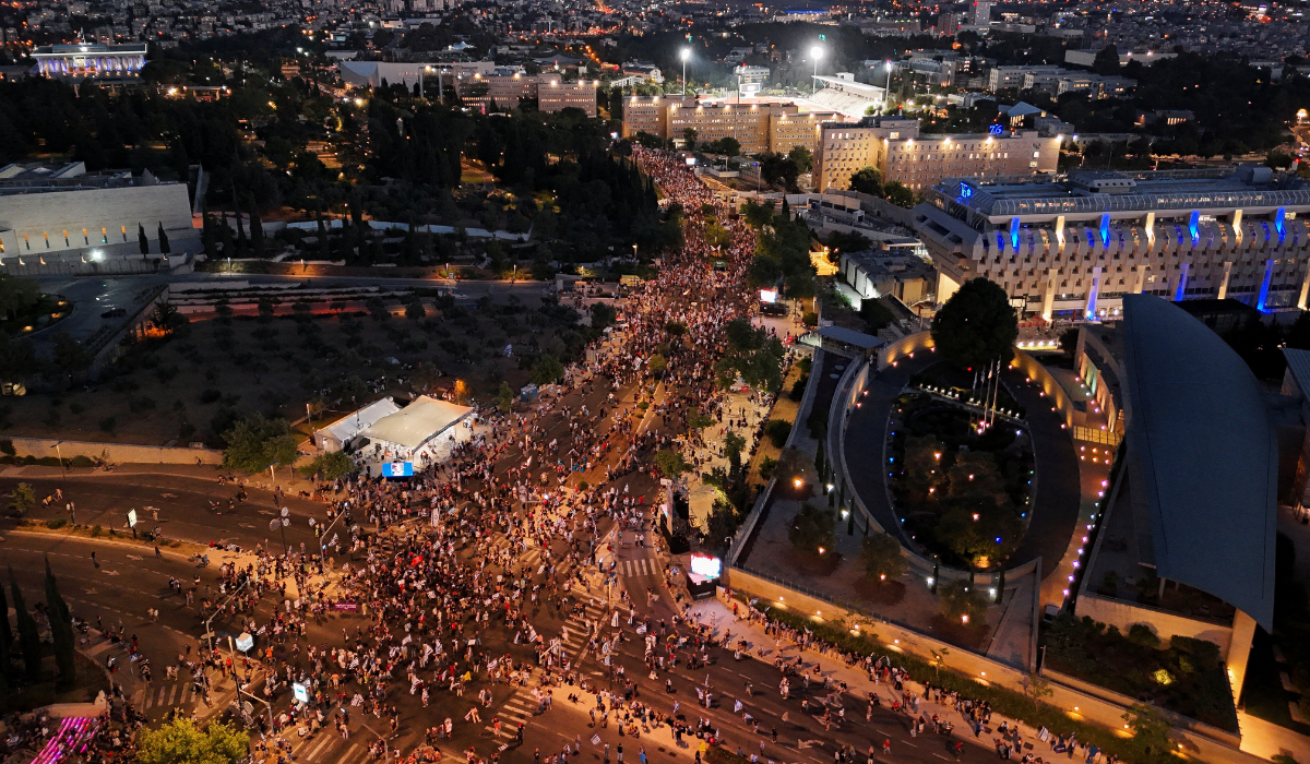 A drone photo shows people taking part in a protest against Israeli Prime Minister Benjamin Netanyahu's government, amid the ongoing conflict in Gaza between Israel and Hamas, in Jerusalem, June 17, 2024. (REUTERS)