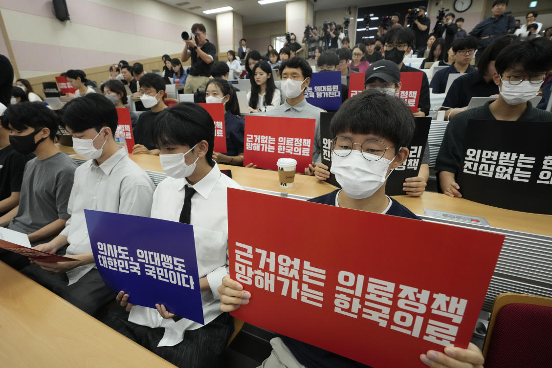 Seoul National University medical students attend a rally as the medical professors began an indefinite collective walkout in protest against the government’s medical reform at their school in Seoul on June 17, 2024. (AP)