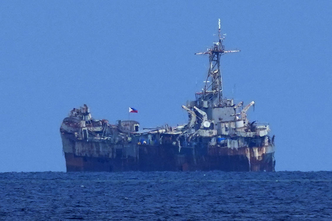 Above, the dilapidated but still active Philippine Navy ship BRP Sierra Madre at the Second Thomas Shoal, locally known as Ayungin Shoal, at the disputed South China Sea on Aug. 22, 2023. (AP)