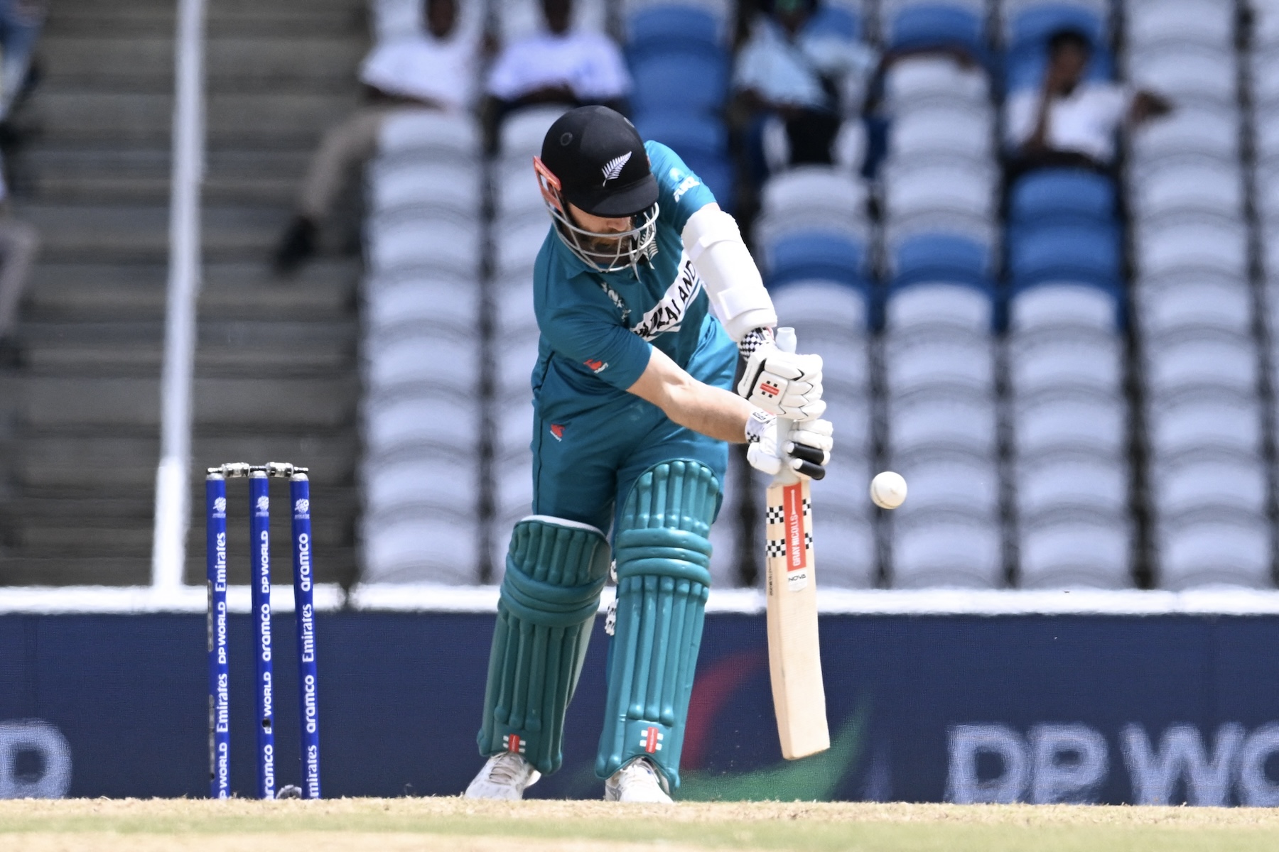 New Zealand’s captain Kane Williamson plays a shot during the ICC men’s Twenty20 World Cup 2024 Group C match between New Zealand and Papua New Guinea at Brian Lara Cricket Academy Stadium in Tarouba, Trinidad and Tobago, on June 17, 2024. (AFP)