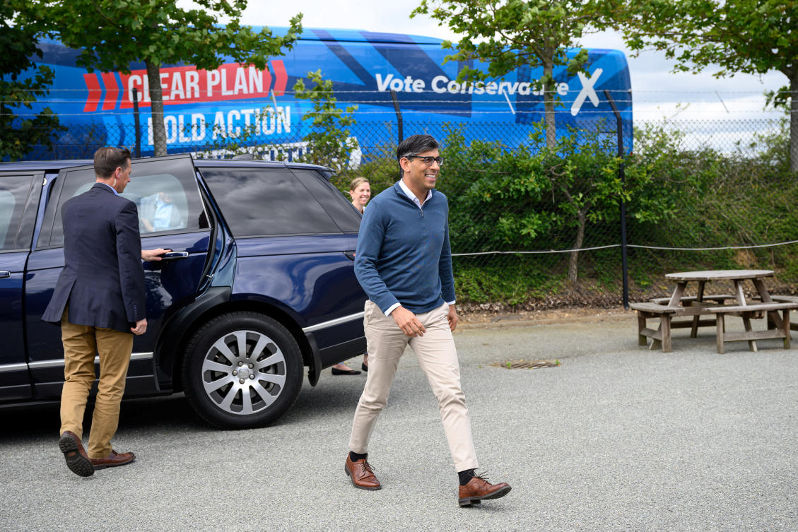 Britain’s Prime Minister Rishi Sunak arrives for a tour of the Sizewell B nuclear power facility training center on June 19, 2024, in Sizewell, Britain. (Reuters)