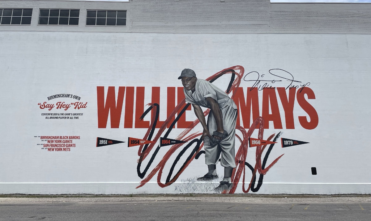 A Willie Mays mural is shown in downtown Birmingham, Ala., Wednesday. The mural was created by artist Chuck Styles and celebrates Mays' contributions to baseball, honoring the longtime Giants center fielder who died Tuesday at age 93. (AP)