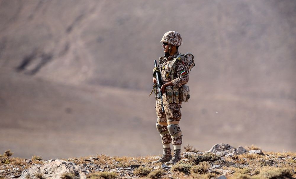 A member of the Islamic Revolutionary Guard Corps (IRGC) during an IRGC ground forces military drill near Aras, East Azerbaijan province, Iran, Oct. 19, 2022. (Reuters)