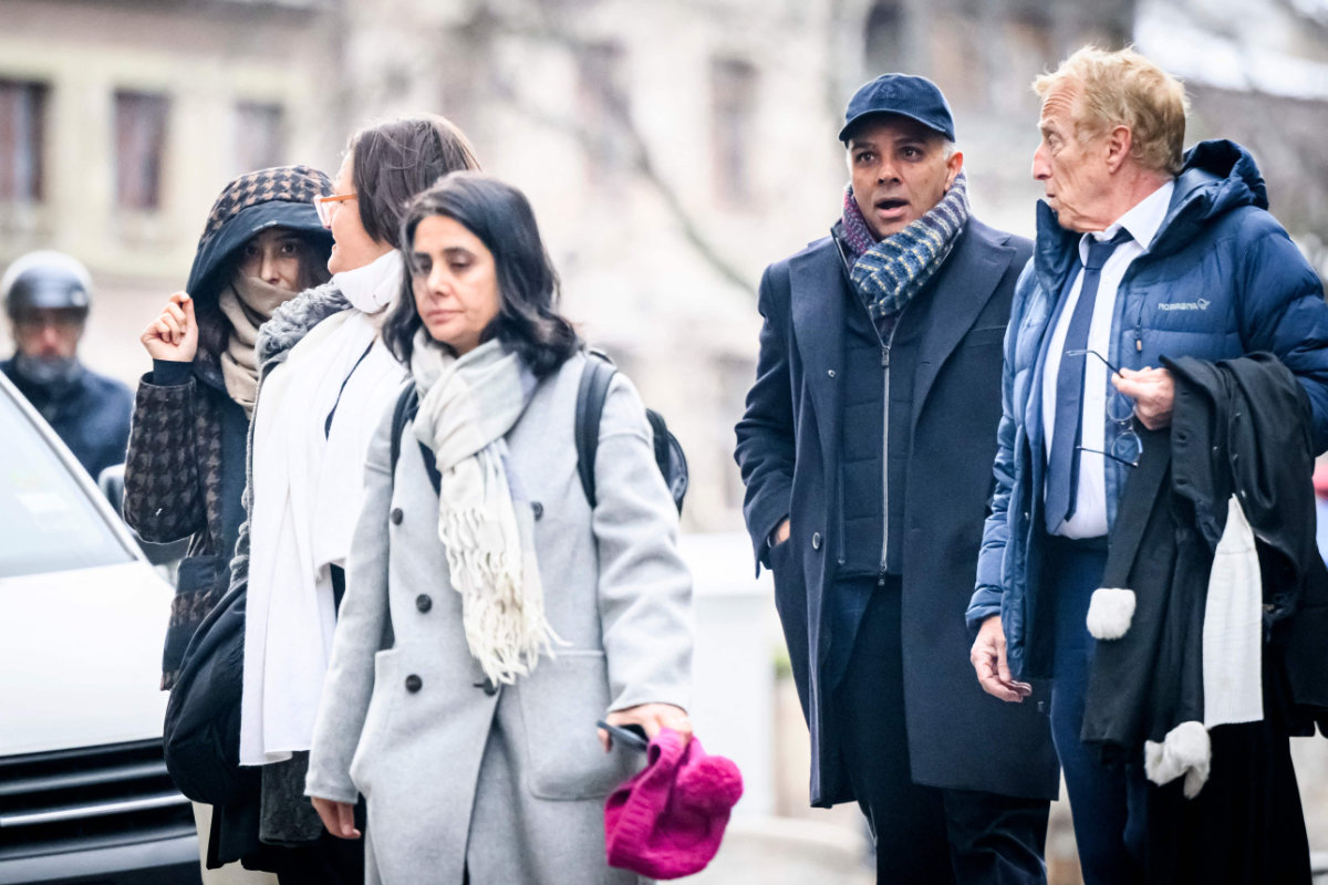 Indian-Swiss billionaire family members Namrata Hinduja (L) and Ajay Hinduja (2ndR) arrive at the Geneva’s courthouse with their lawyers Yael Hayat (C) and Robert Assael (R) at the opening day of their trial for human trafficking on January 15, 2024. (AFP/File)