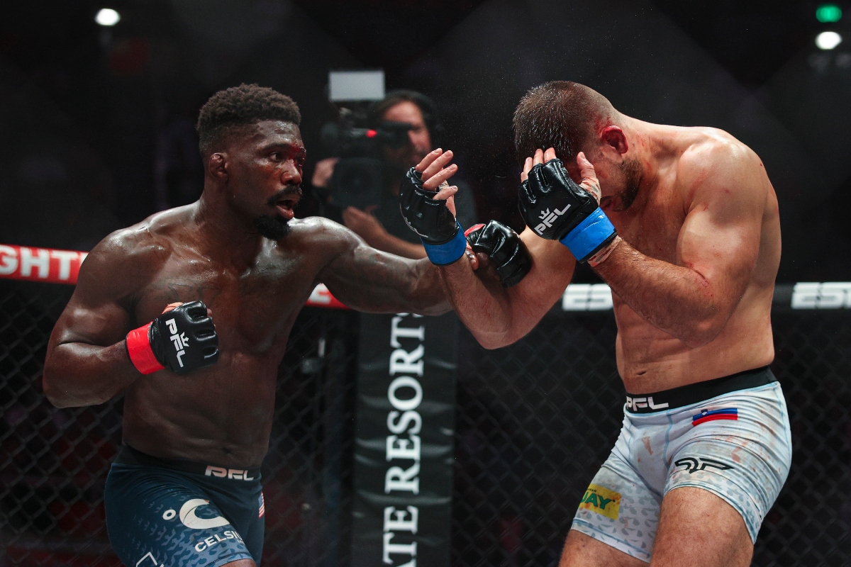 Impa Kasanganay on his way to victory against Jakob Nedoh at the Jon M. Huntsman Center in Salt Lake City, Utah. (PFL)
