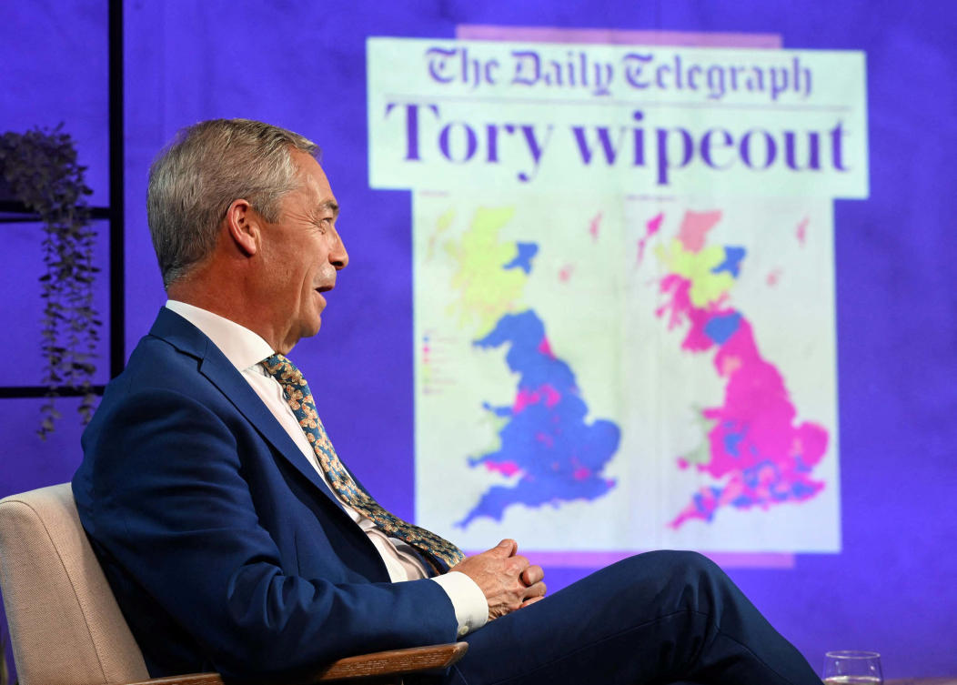 Britain’s Reform UK Party Leader Nigel Farage attends an interview with Nick Robinson, in London, on Jun. 21, 2024 in this handout image. (Reuters)