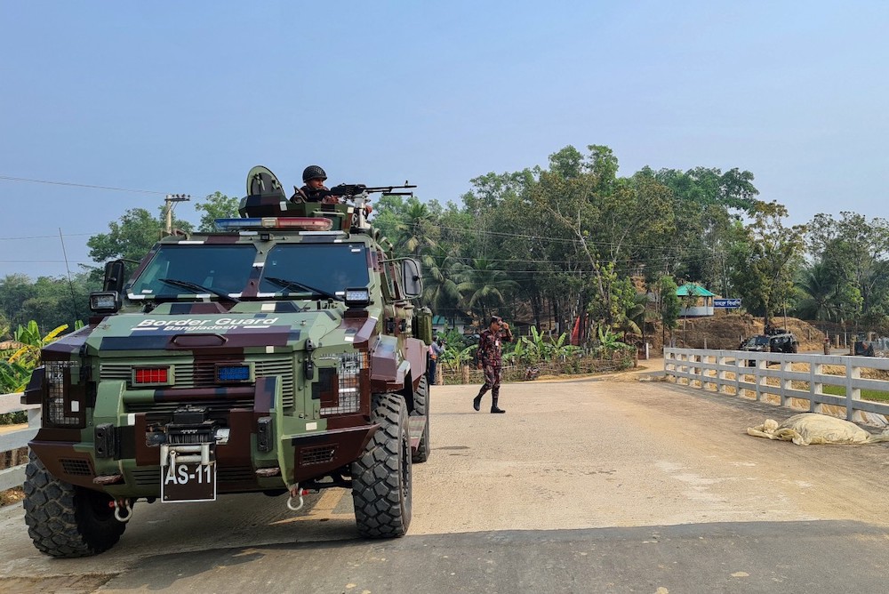 Border Guard Bangladesh personnel patrol near Bangladesh’s Ukhia border in Cox’s Bazar district on Feb. 7, 2024. (AFP file photo)