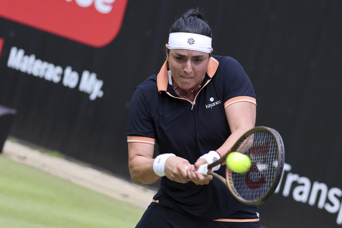 Eighth-seeded Ons Jabeur had gone toe-to-toe with top seed Coco Gauff before losing a one-hour 14 minute first set tiebreak 11/9 before packing her rackets in her bag and walking off. (dpa via AP)