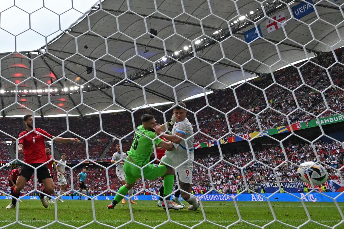 Czech Republic’s forward Adam Hlozek’s goal which was later disallowed after a VAR review during their UEFA Euro 2024 Group F match against Georgia at the Volksparkstadion in Hamburg on Jun. 22, 2024. (AFP)