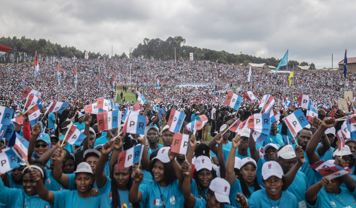 Rwanda Patriotic Front (FPR) supporters gather during a kick-off rally to support Rwandan President Paul Kagame, in Musanze on June 22, 2024. (AFP)