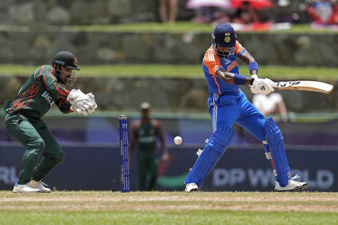 India’s Hardik Pandya plays a shot during their ICC T20 World Cup cricket match against Bangladesh at Sir Vivian Richards Stadium in North Sound, Antigua and Barbuda on June 22, 2024. (AP)