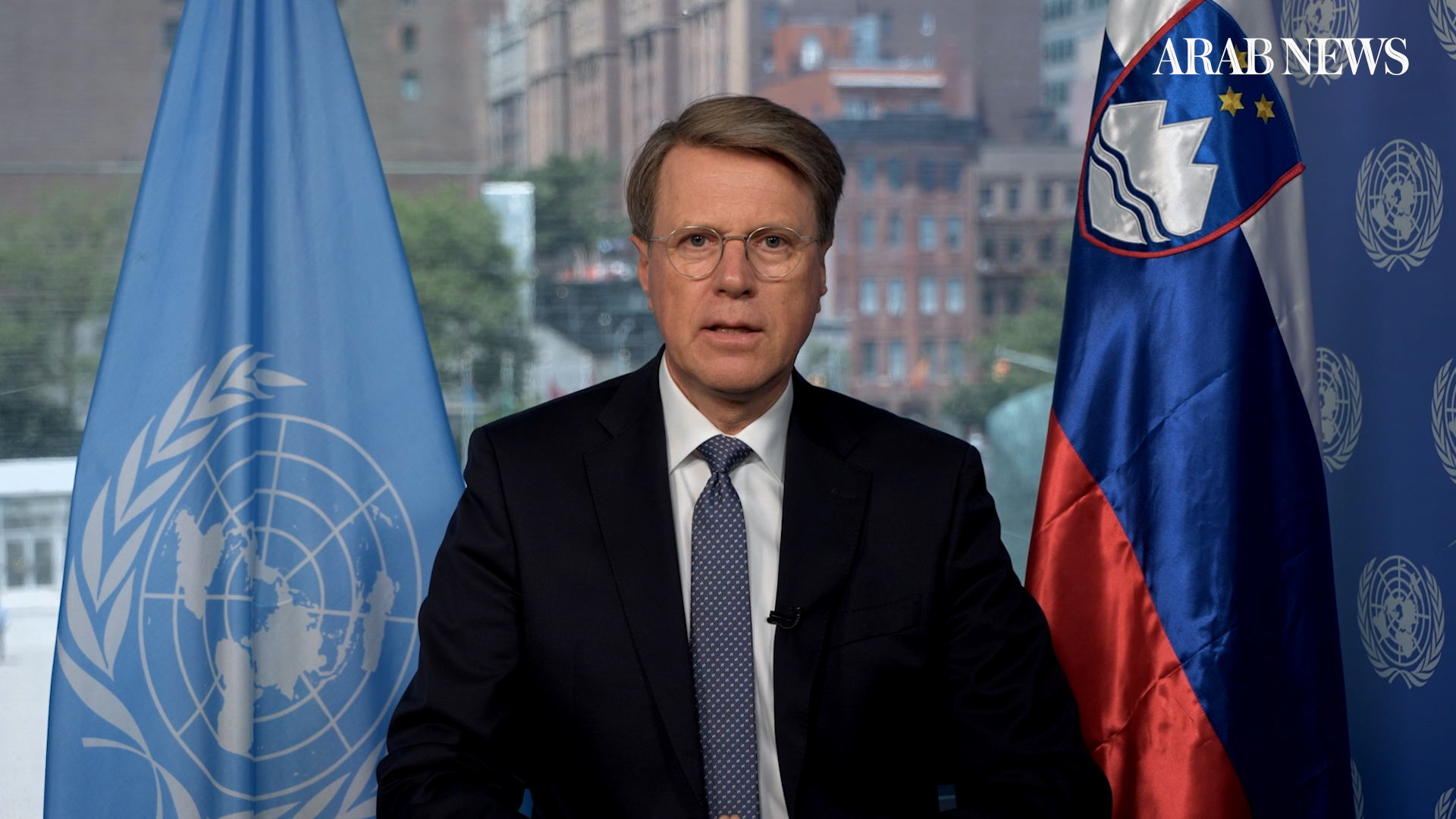 Samuel Zbogar, representative of Slovenia to the UN Security Council, speaks to Katie Jensen, host of “Frankly Speaking.” (AN Photo)