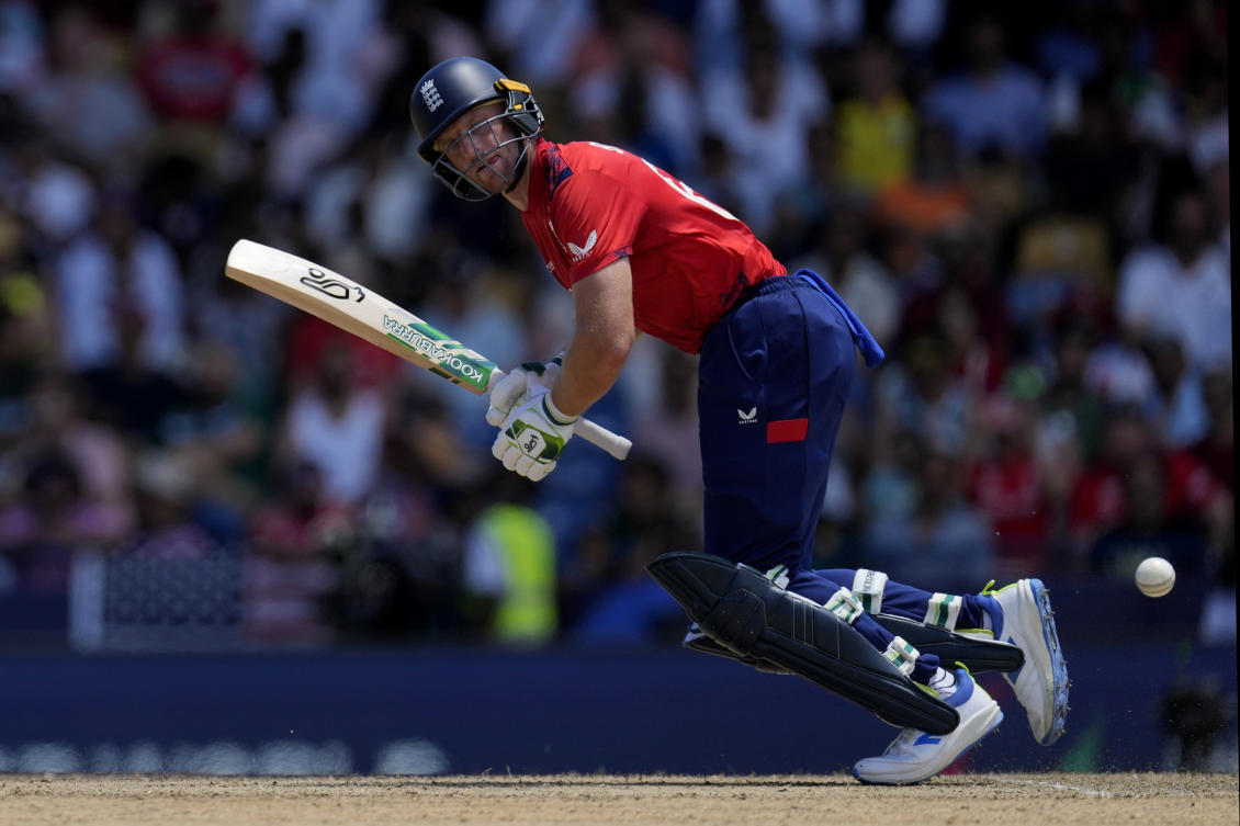 England’s captain Jos Buttler plays a shot during the ICC Men’s T20 World Cup cricket match between the United States and England at Kensington Oval in Bridgetown, Barbados, Sunday, June 23, 2024. (AP)